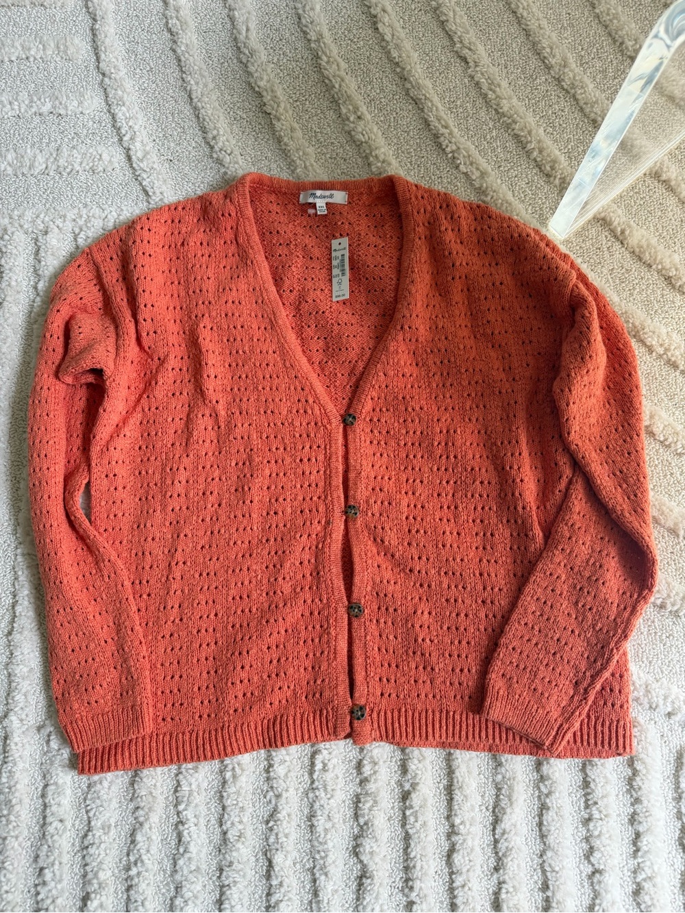 Madewell Coral Openwork V-Neck Button Cardigan
